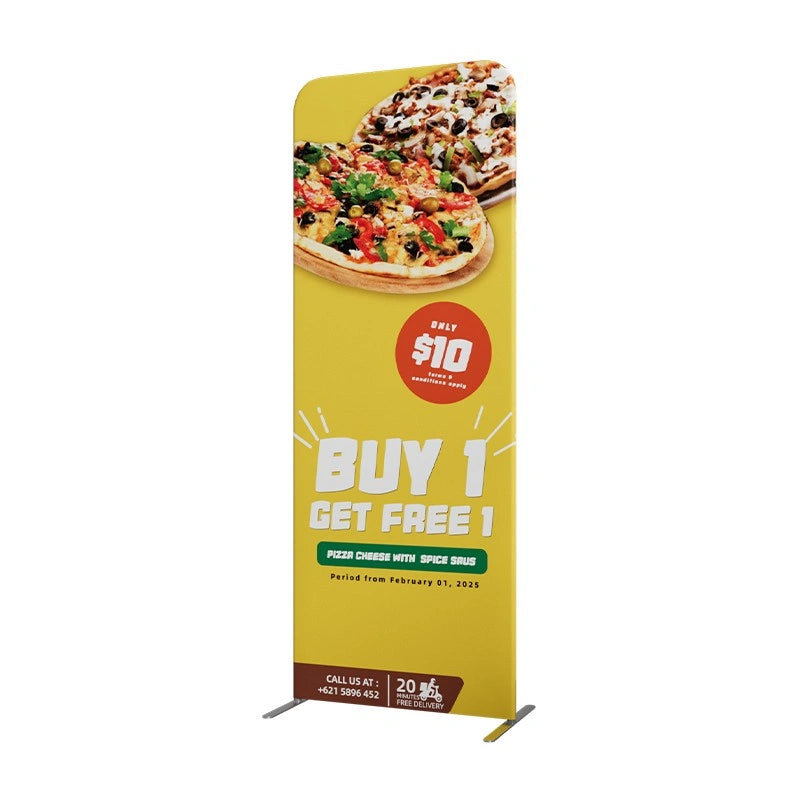 Complete exhibition display solution with a 10x10 fabric backdrop, hanging sign, branded counter, and side display panels.