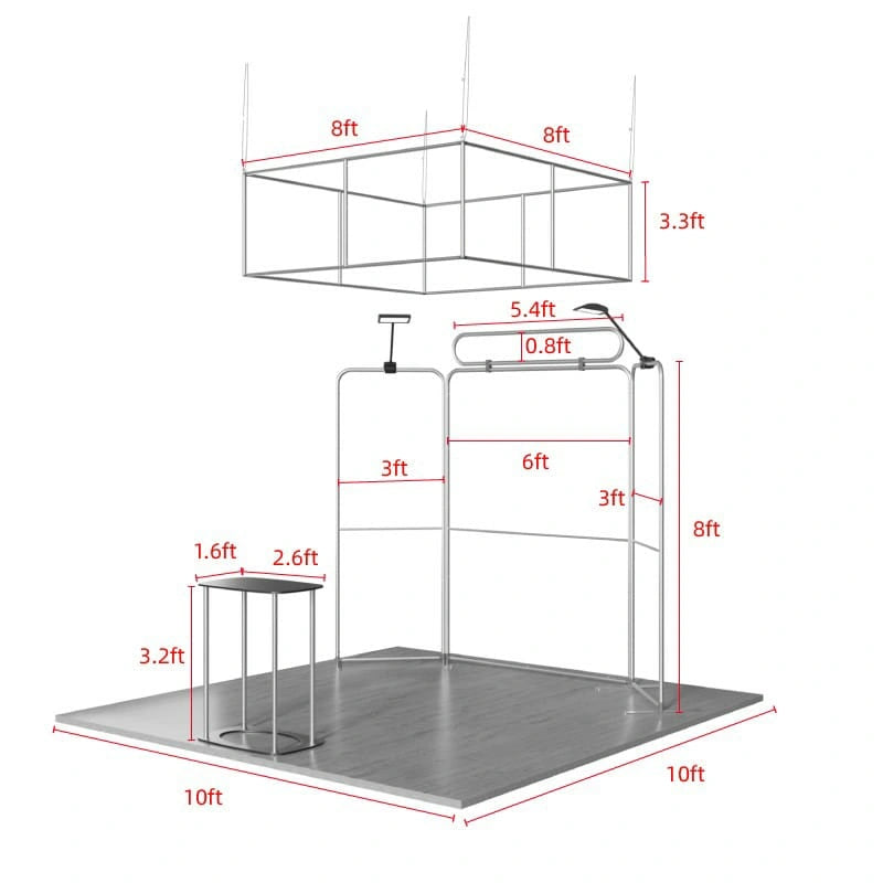 Lightweight 10x10 trade show booth with custom fabric graphics, hanging display, side panels, and portable promotional counter.