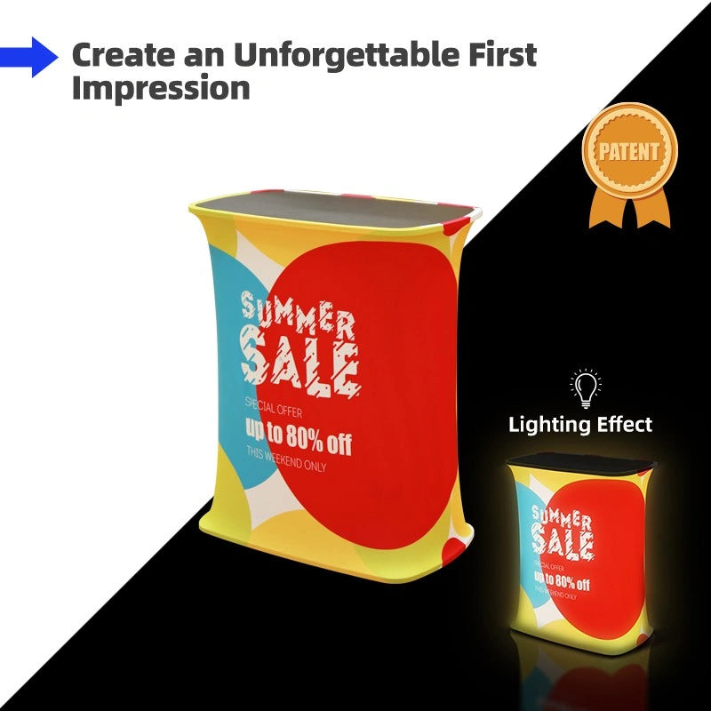 Portable Deluxe Square Popup Booth featuring vibrant custom graphics for exhibitions, conferences, and corporate events.