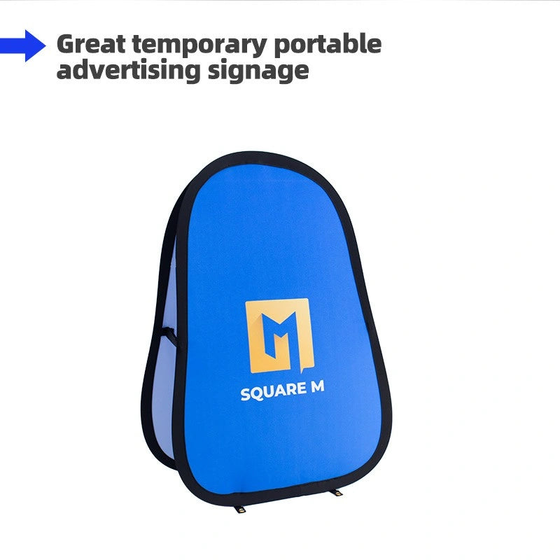 Front view of pop up A-frame with vibrant pasted graphics