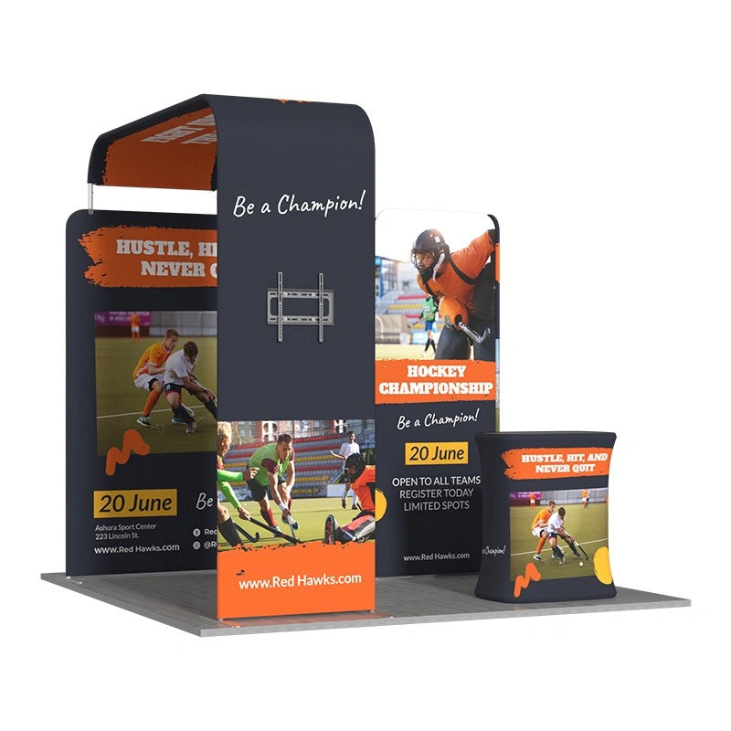 Complete 10x10 booth display with coordinated exhibition graphics.
