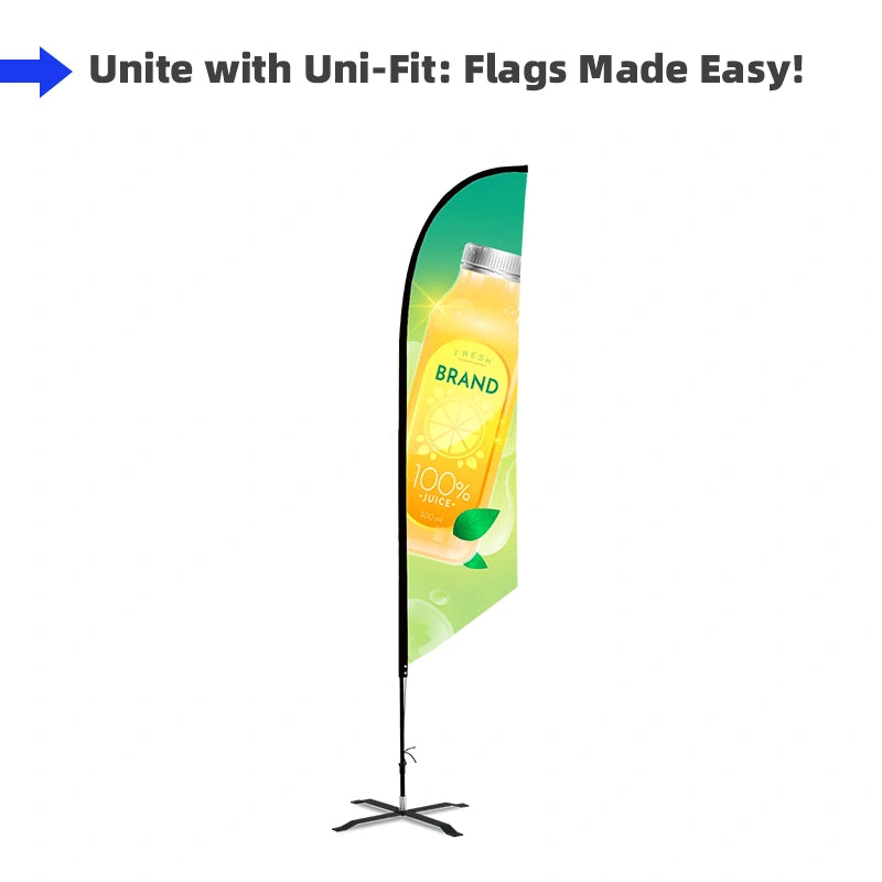 Custom printed Angled advertising flag with Uni-Fit Pole for trade shows, exhibitions, retail storefronts, and outdoor marketing campaigns.