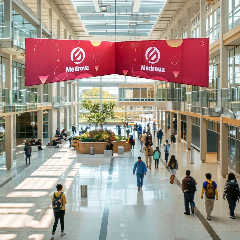 Overhead L shaped hanging sign for exhibitions