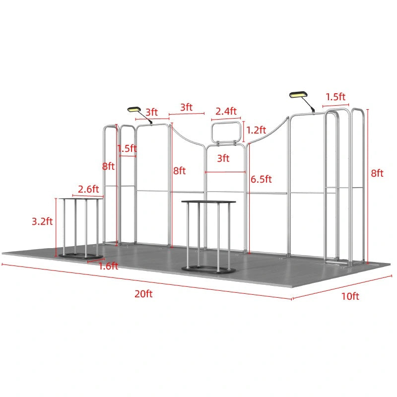 Custom B7 expo booth featuring multiple presentation areas for products, services, and visitor interactions