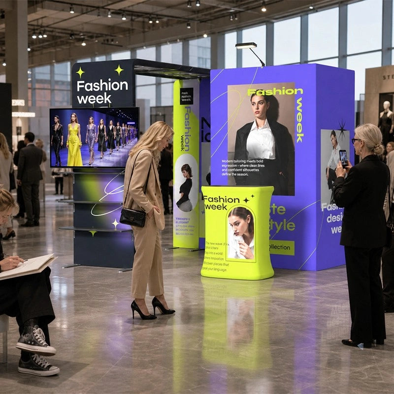 Modular D4 trade show booth kit with coordinated display components for organized exhibition spaces