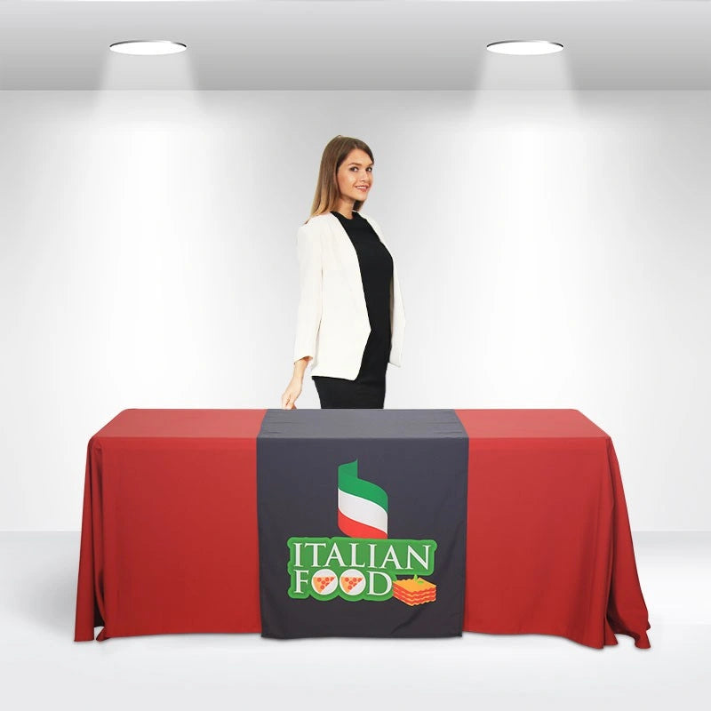 High-quality table runner with custom graphics for trade shows and corporate exhibitions.