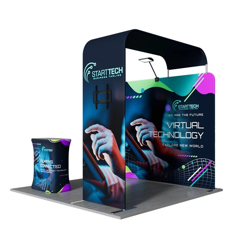10x10 trade show booth with TV display showcasing digital content alongside custom printed brand graphics