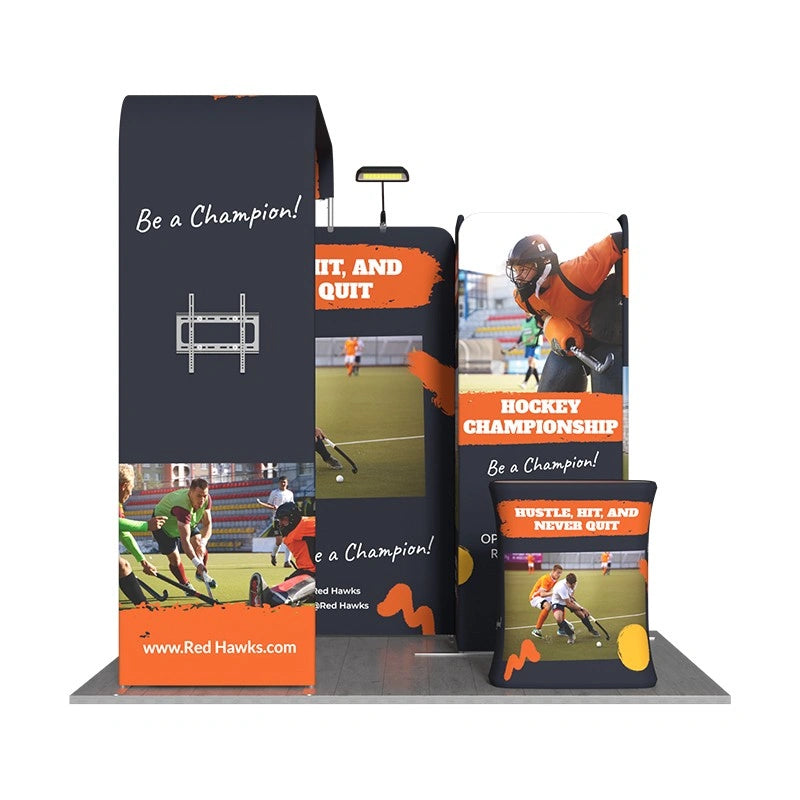 Portable 10x10 exhibition booth kit with branded fabric graphics