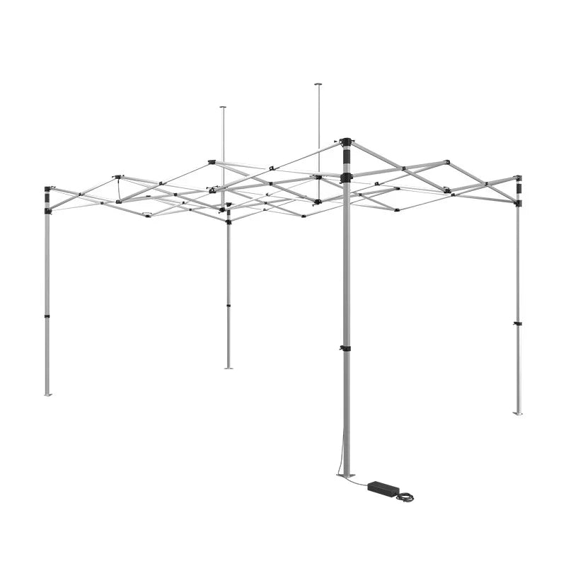 Custom lighted canopy tent with expanded space for product displays, counters, and customer engagement.