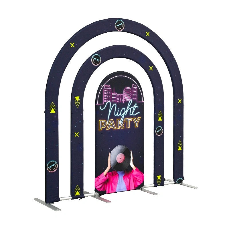 Custom five-layer event arch with tension fabric graphics for branded activations, celebrations, and photo areas
