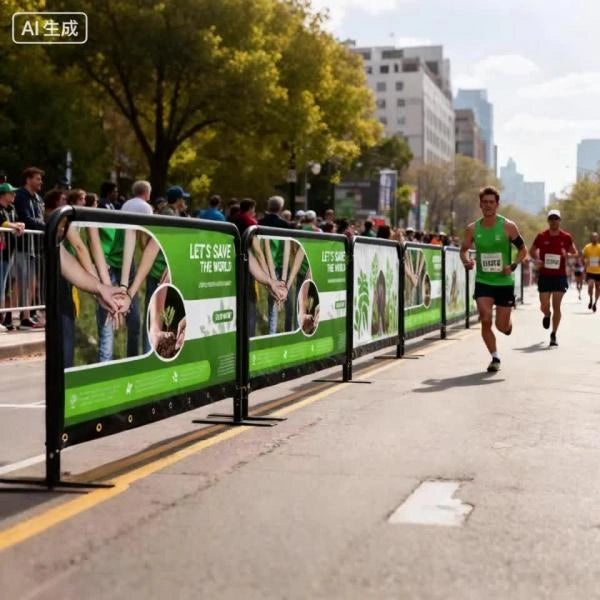 Branded barricade cover fitted over crowd control barriers for event promotion and visibility