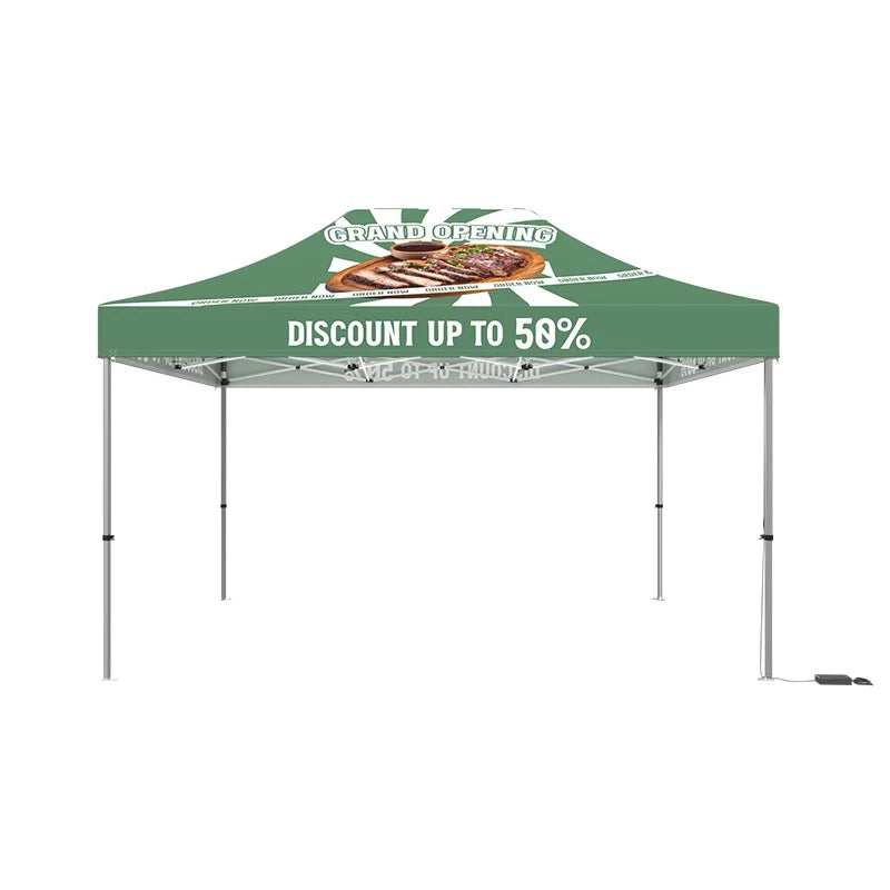 Custom 10x15 LED canopy tent with spacious coverage for trade shows, festivals, and outdoor promotions.