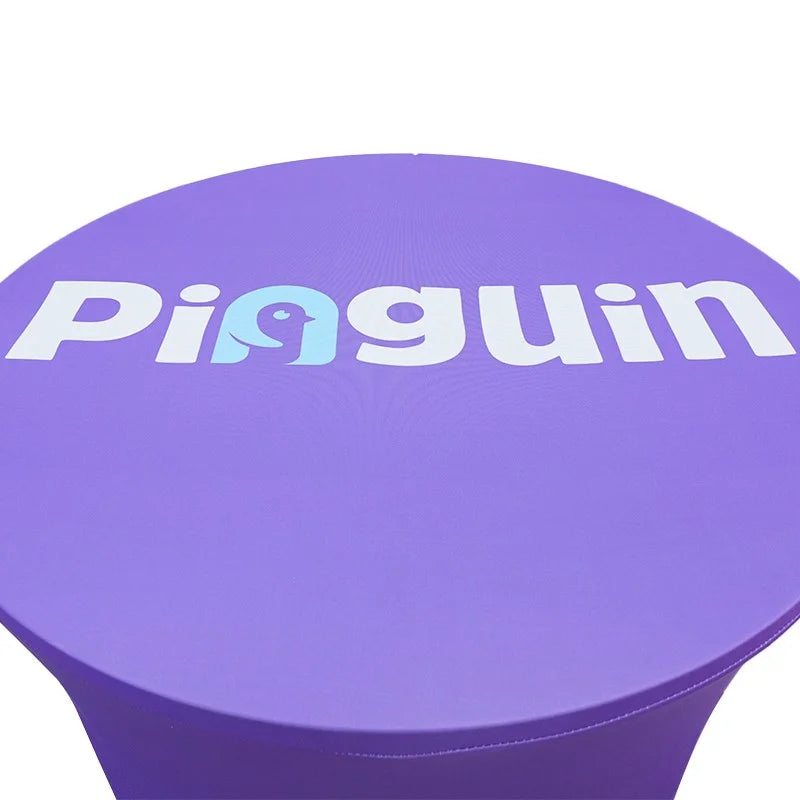Standing-height promotional counter with round tabletop for visitor engagement and branded event presentations