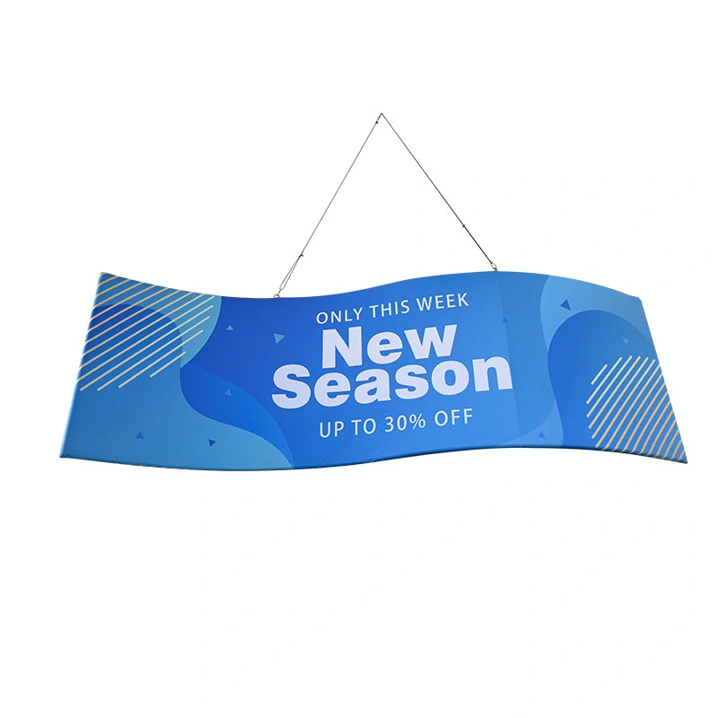 S-Curve overhead booth display with vibrant custom graphics for trade shows, expos, and conventions