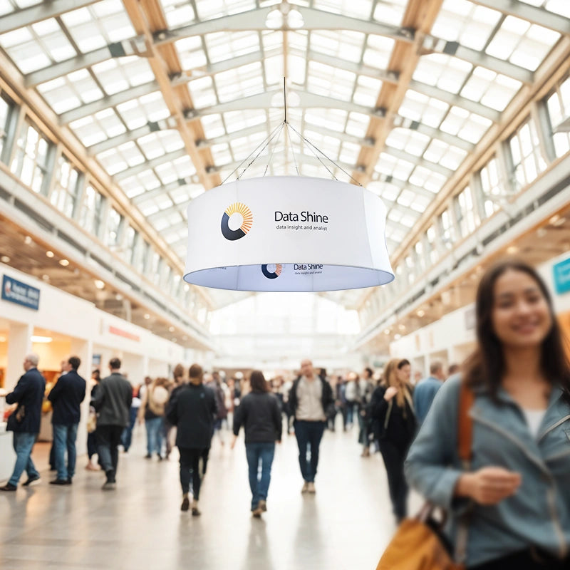 Overhead circle banner display for conventions and expos