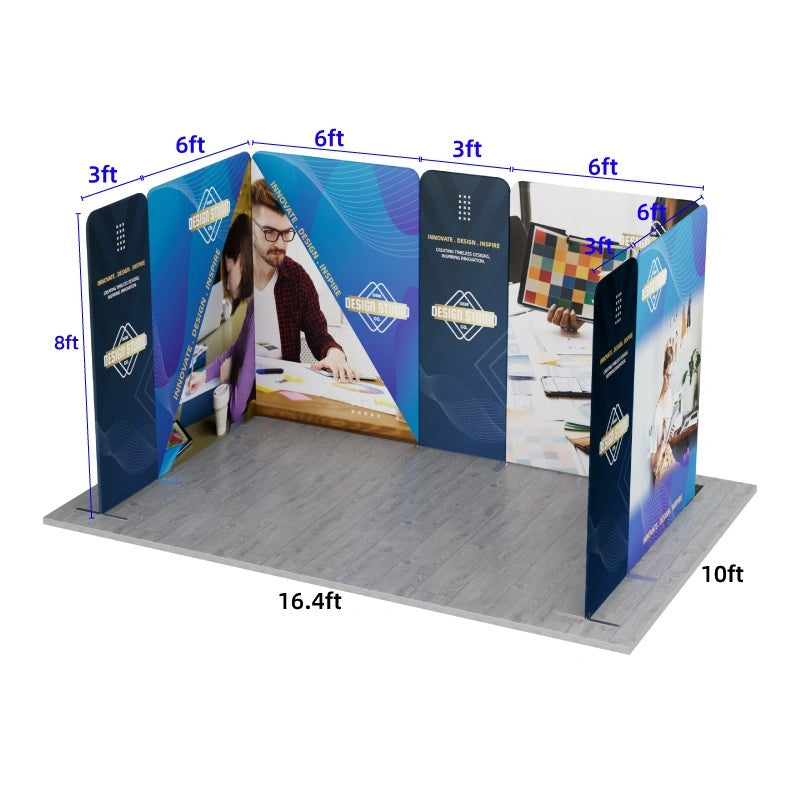 Portable 16.4x10 trade show booth with tension fabric graphics