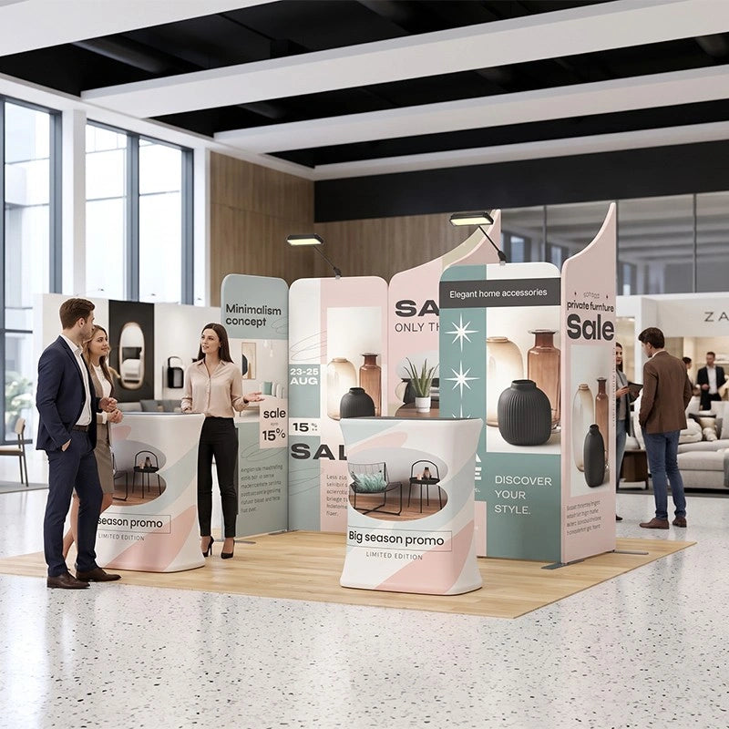 Professional 10x10 trade show booth creating an organized exhibition space for product showcases.