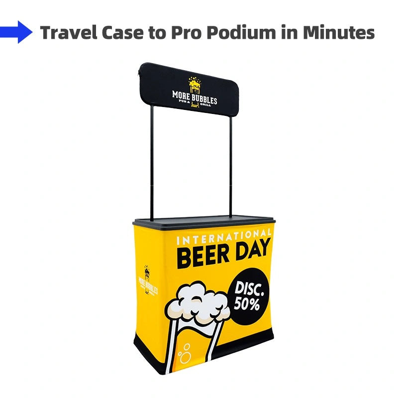 Portable promotional counter with elevated header and branded tension fabric wrap