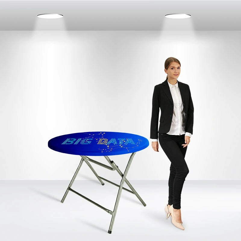Printed Round Stretch Table Topper featuring a secure wrinkle-resistant stretch fit.