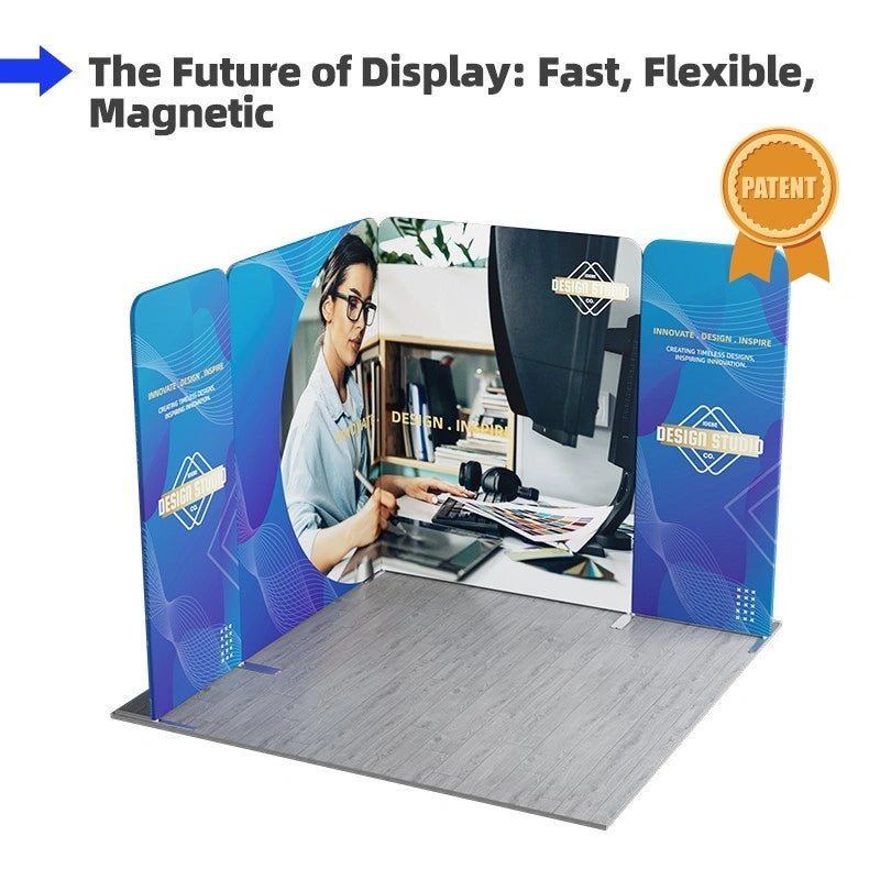 L-shaped 10x10 trade show booth with magnetic panels