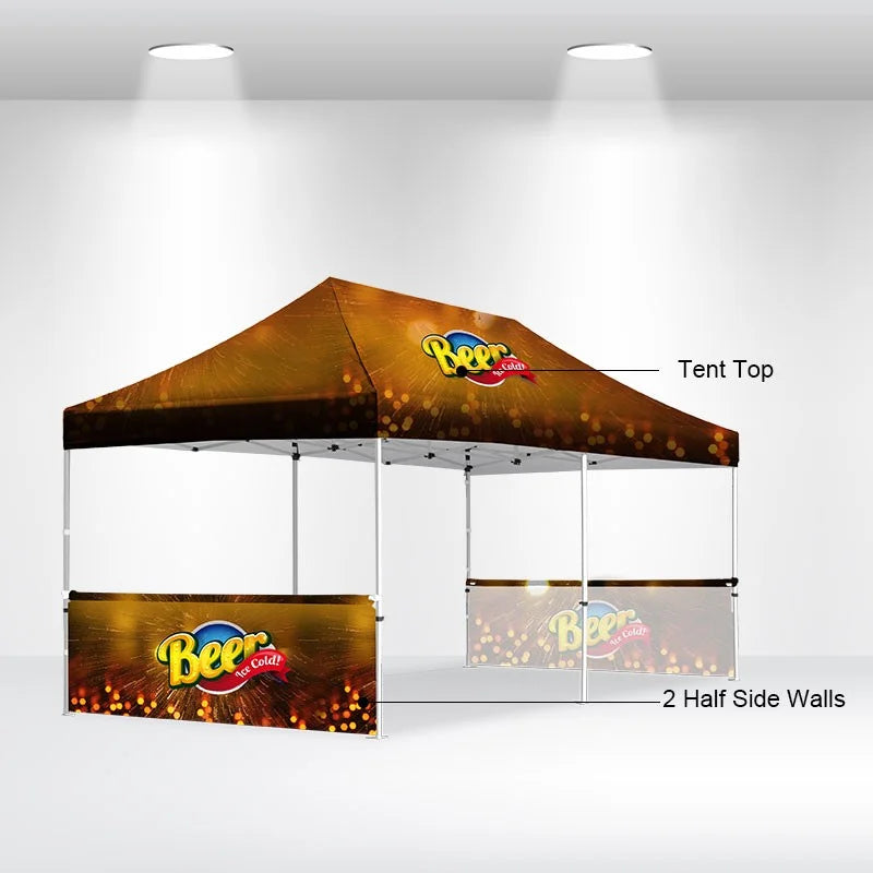Professional 10x20 promotional tent with custom canopy graphics for festivals, exhibitions, and markets