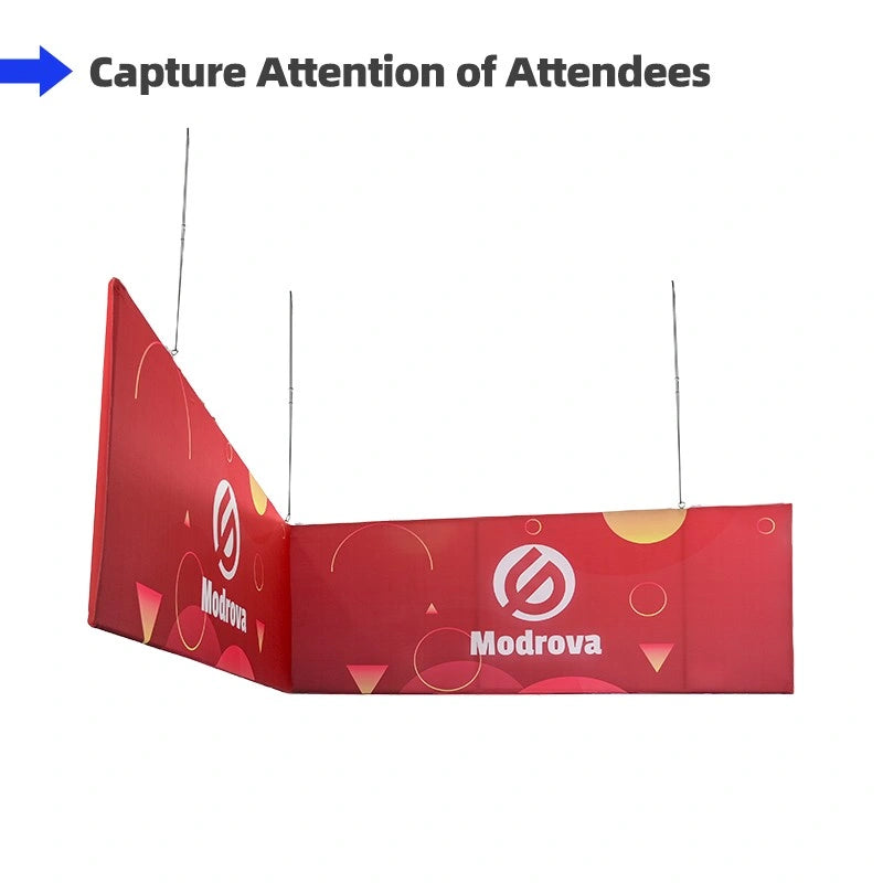 L shaped hanging fabric sign suspended above booth