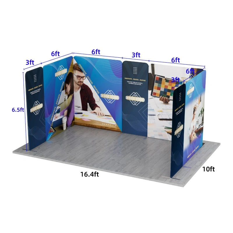 Magnetic fabric banner stands forming U-shaped booth layout