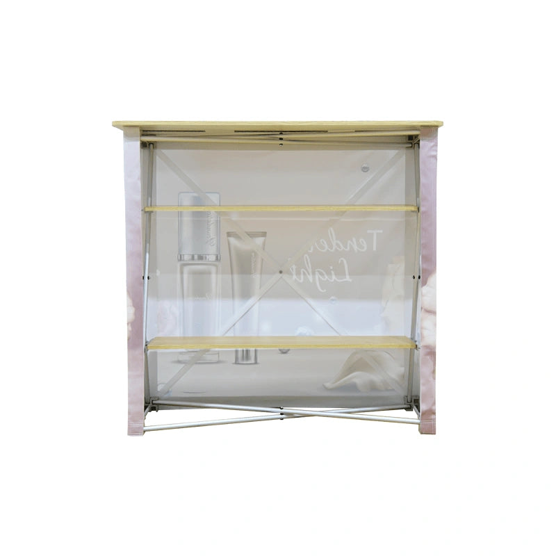 Portable trade show counter with custom fabric branding and collapsible aluminum frame