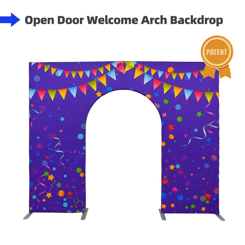 Custom Open Door Arch Backdrop with printed fabric graphics for weddings, celebrations, photoshoots, and special events