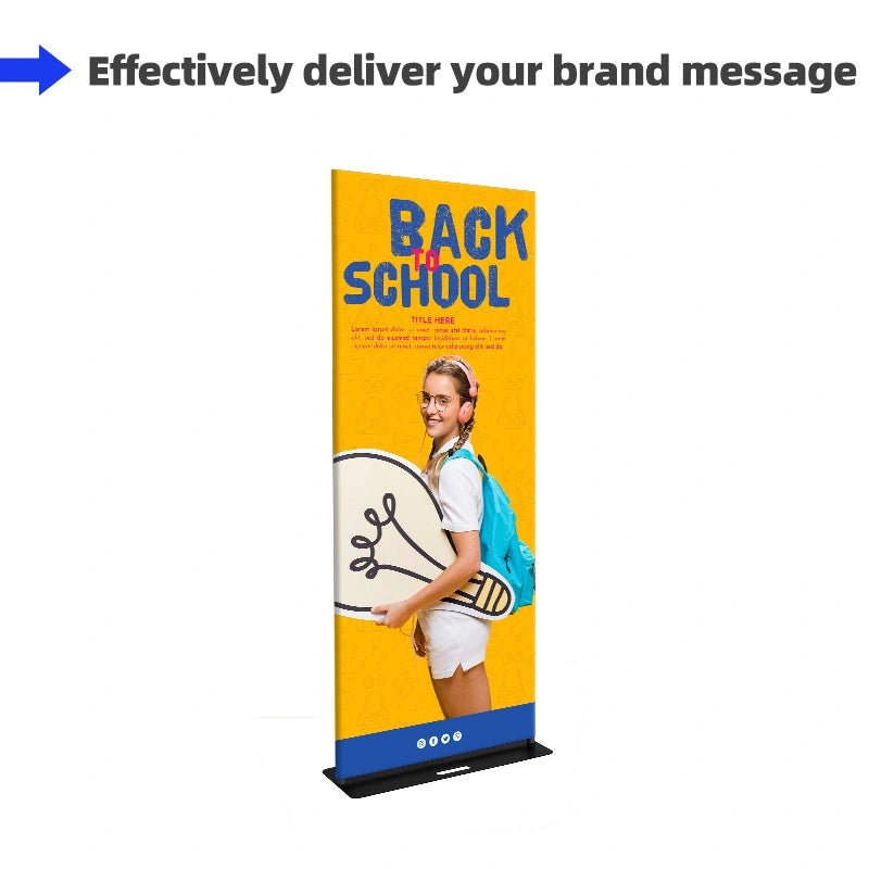Front view of premium round corner fabric banner stand with graphics