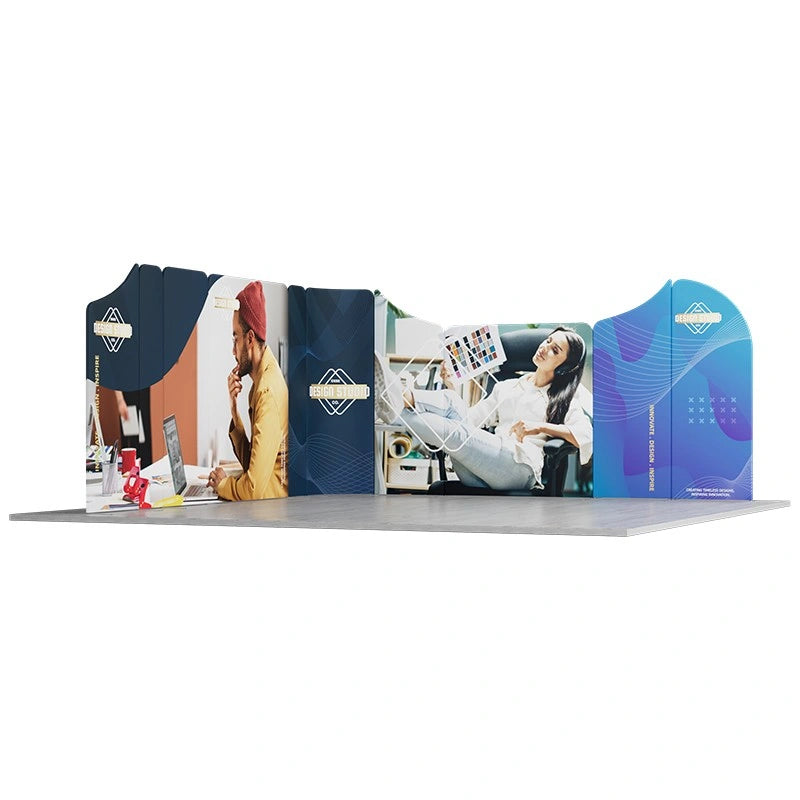 Large modular fabric trade show display with L-shaped booth design