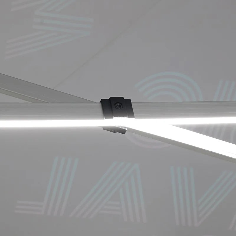 10x10 lighted trade show canopy with custom branding for exhibitions, activations, and corporate events.