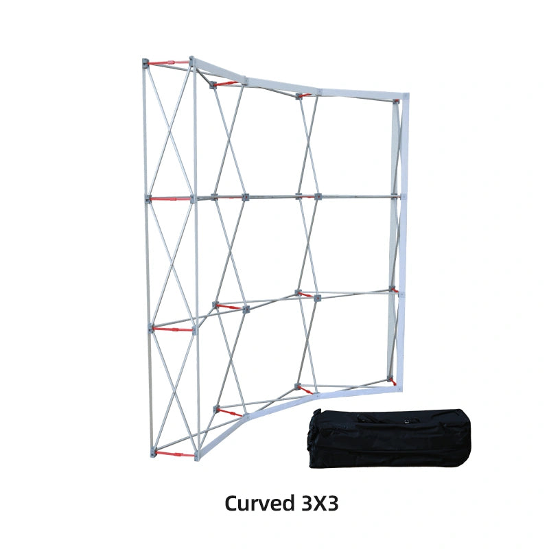 Portable curved fabric popup display ready for exhibition setup