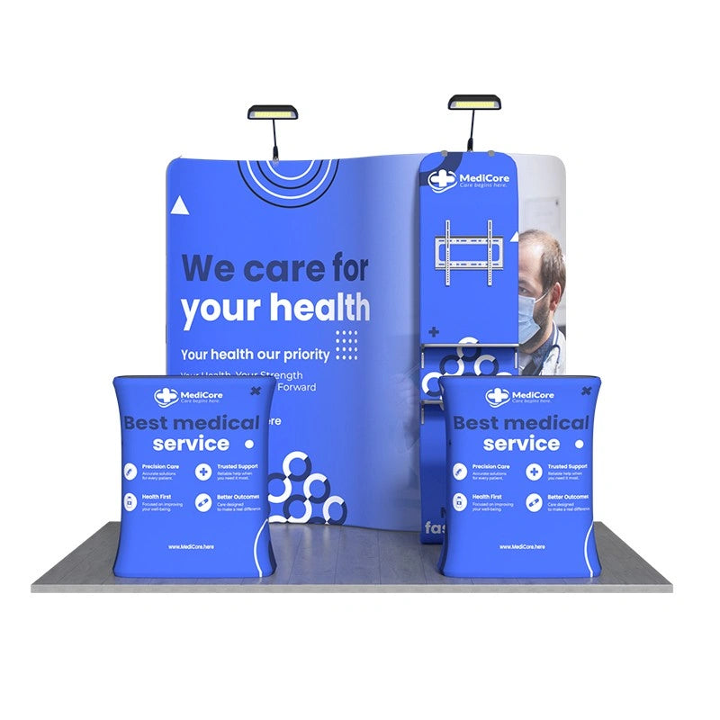Portable 10x10ft exhibition booth display with vibrant custom graphics for impactful trade show presentations