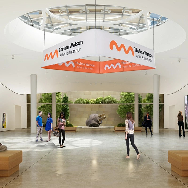 High-visibility square hanging sign for convention halls