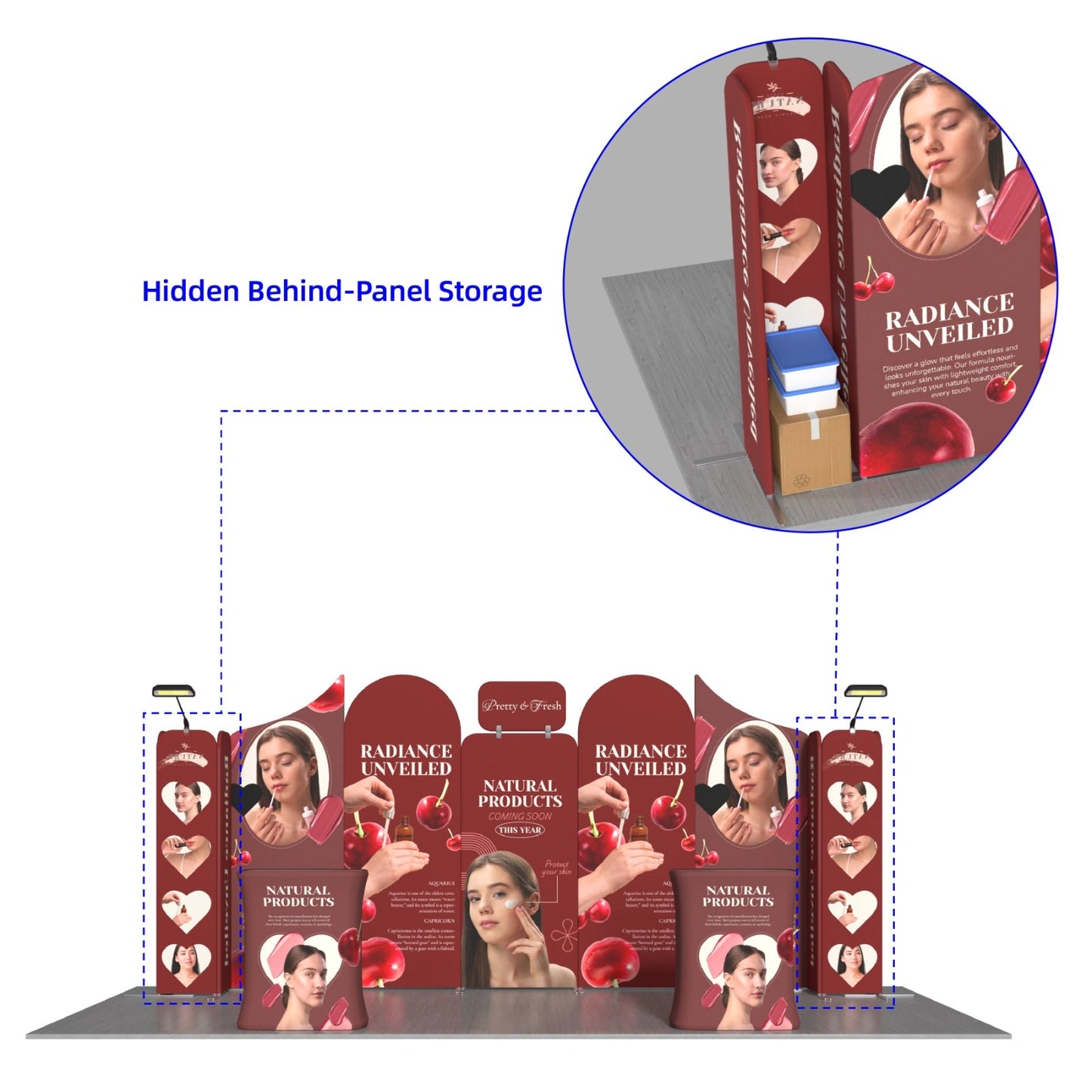 Large 10x20 exhibition booth with branded fabric graphics for product launches and promotional campaigns