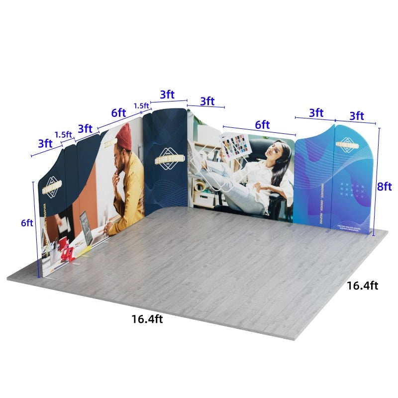 Portable 16.4x16.4 trade show display with tension fabric graphics