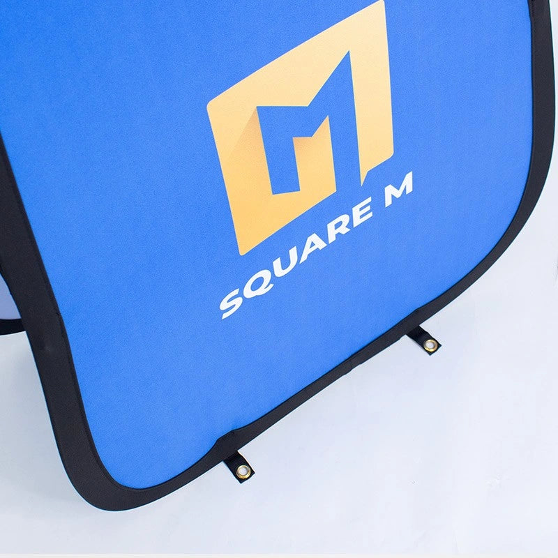 Close-up of pasted graphics on pop up A-frame display