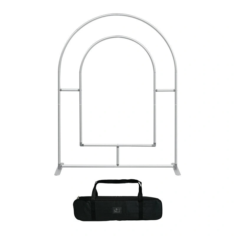 Open Arch Stand with smooth tension fabric graphic and open center for modern wedding and celebration décor