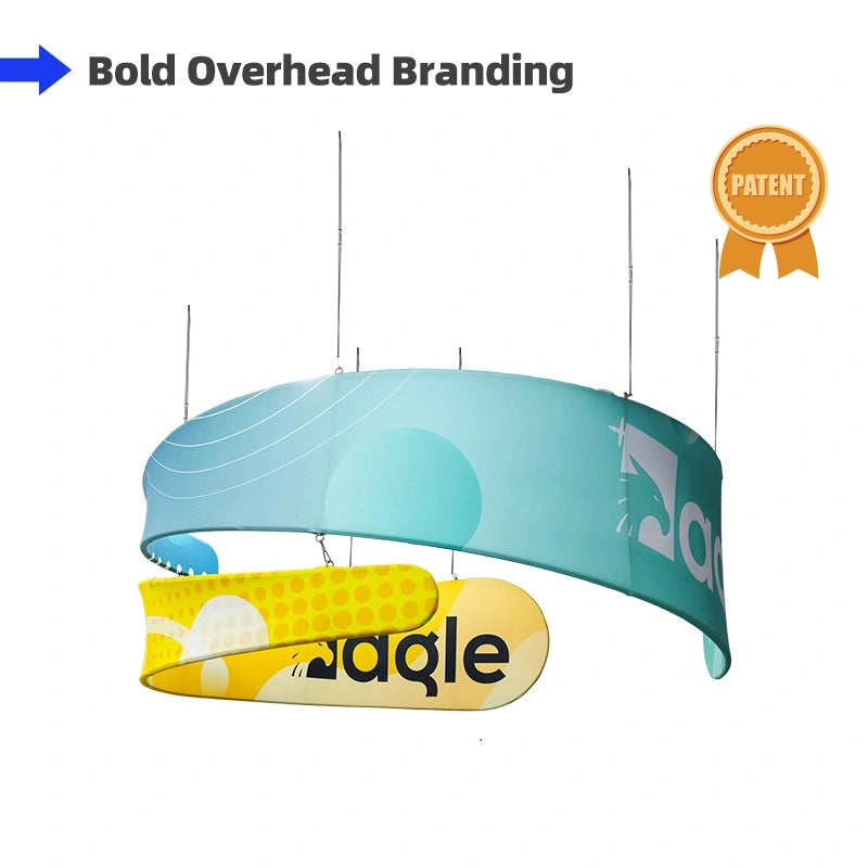 Custom Swirl Hanging Sign with a flowing profile for elevated brand visibility across busy trade show floors