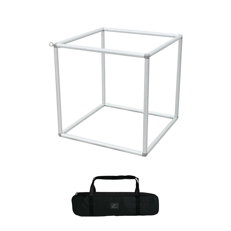Custom fabric cube hanging display suspended above a trade show booth for elevated brand exposure