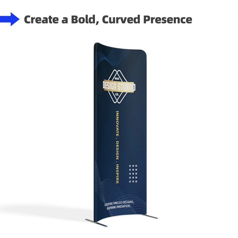 Front view of curved magnetic banner stand for trade shows