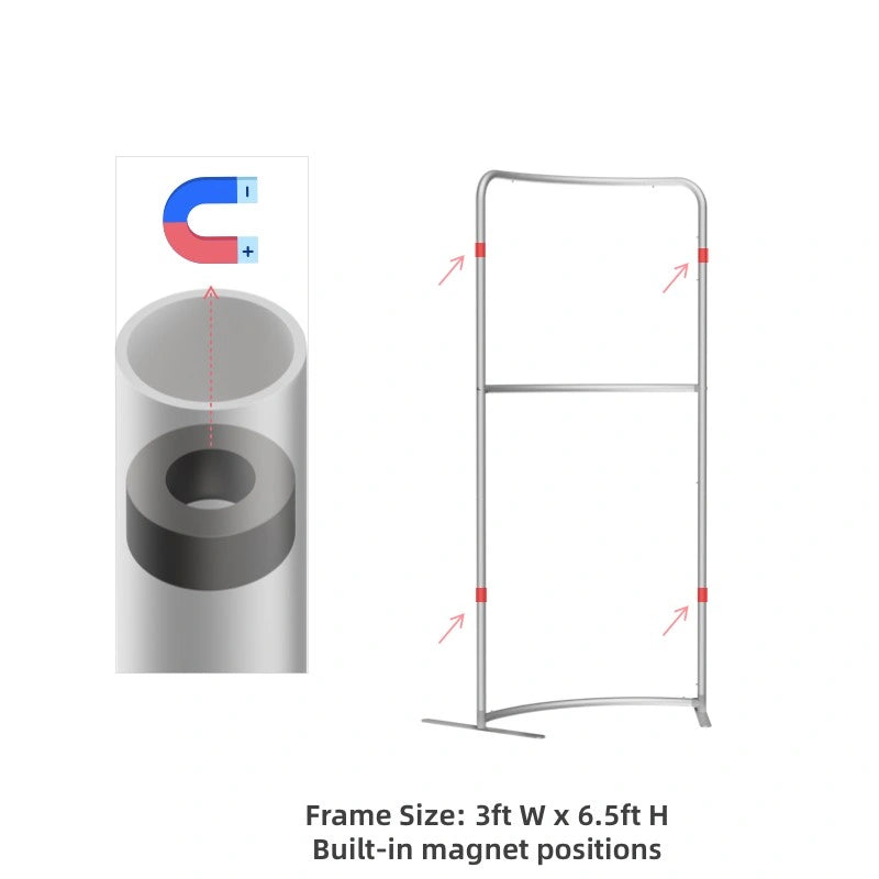 Side view of magnetic curved fabric banner stand showcasing curved panels