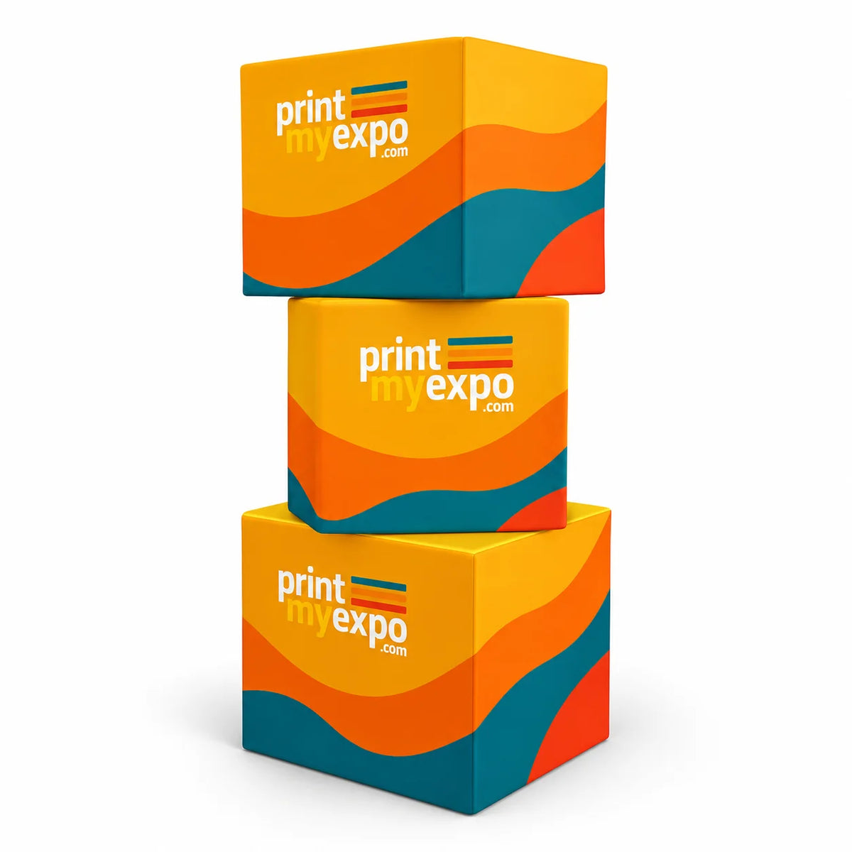 PrintMyExpo Rotating 3D Fabric Cube Display with custom graphics for trade shows, retail promotions, and branded events